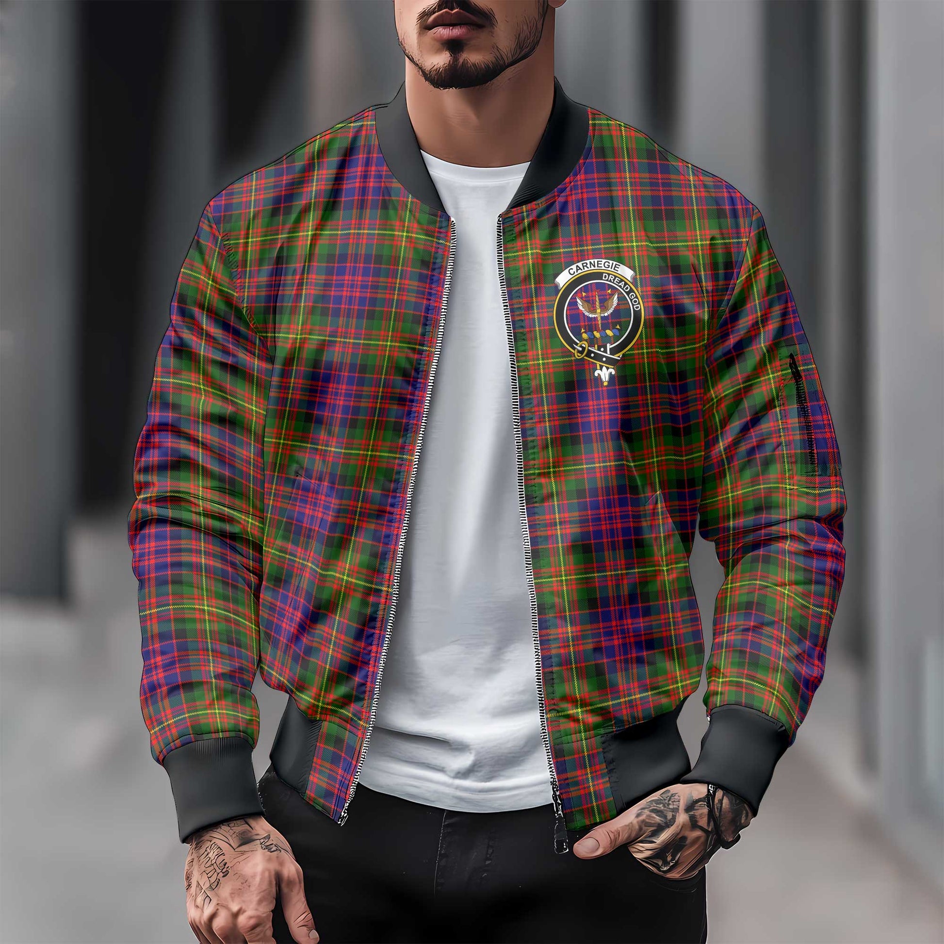 Clan Carnegie Tartan Men Bomber Jacket Crest And Plaid Basic Style