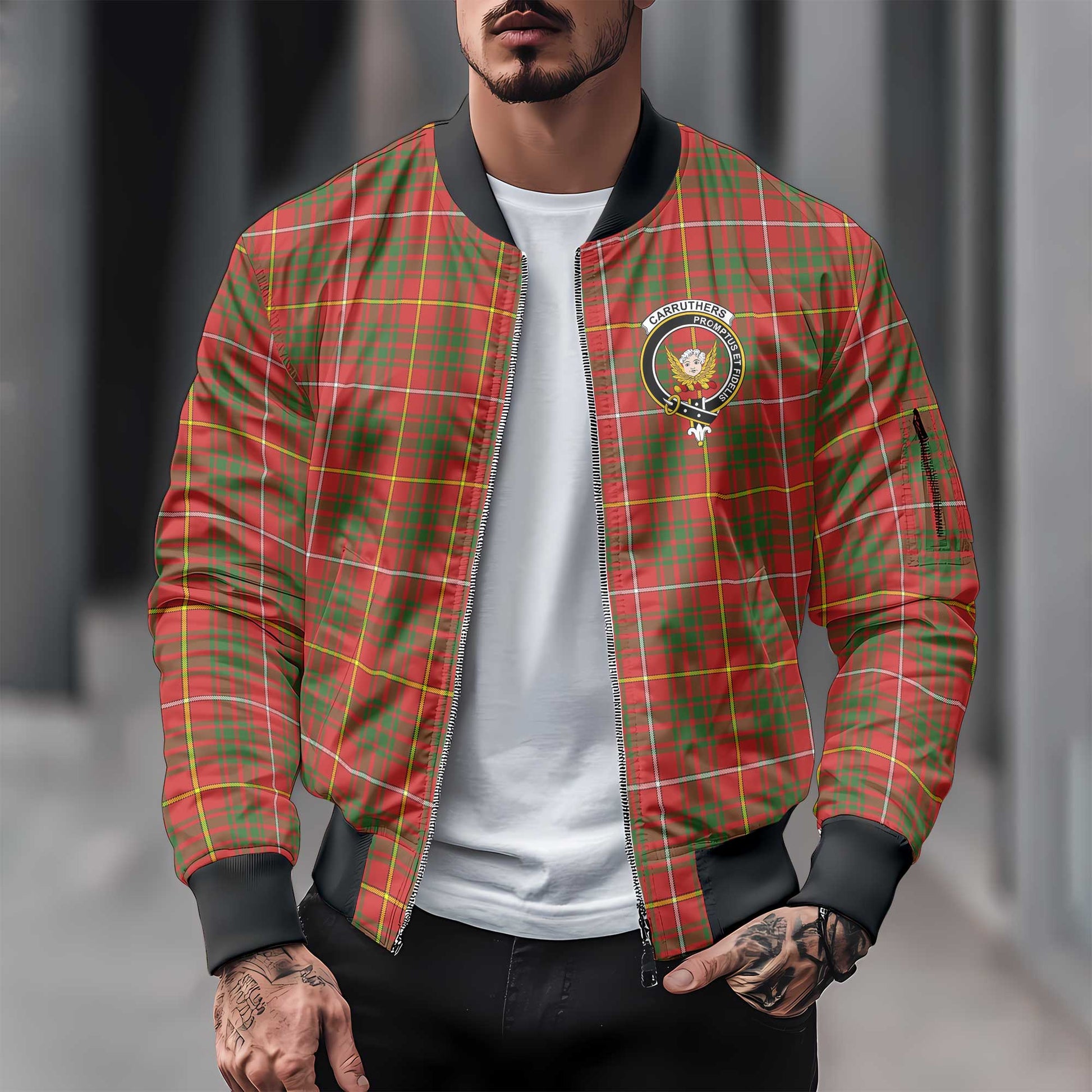 Clan Carruthers Tartan Men Bomber Jacket Crest And Plaid Basic Style