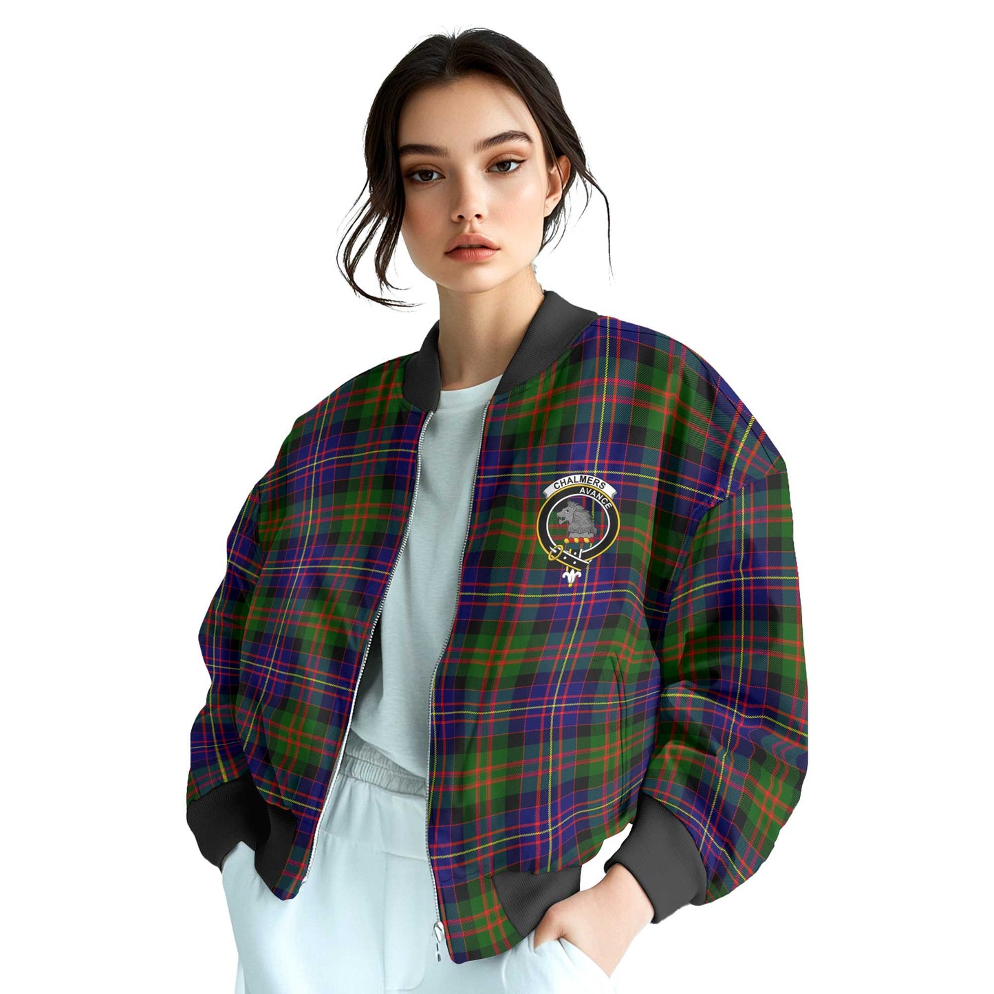 Clan Chalmers Tartan Women Bomber Jacket Crest And Plaid Basic Style