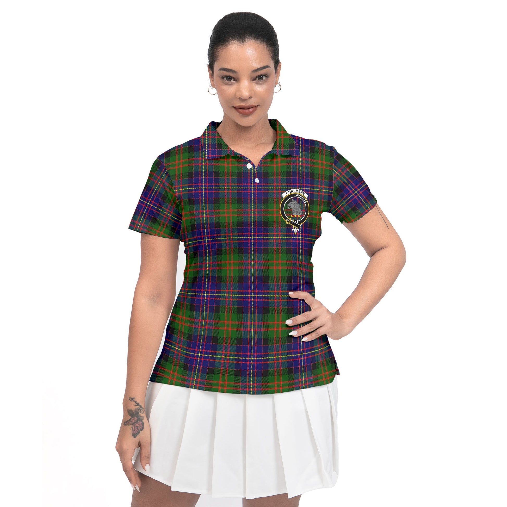 Clan Chalmers Tartan Women Polo Shirt Crest And Plaid Basic Style