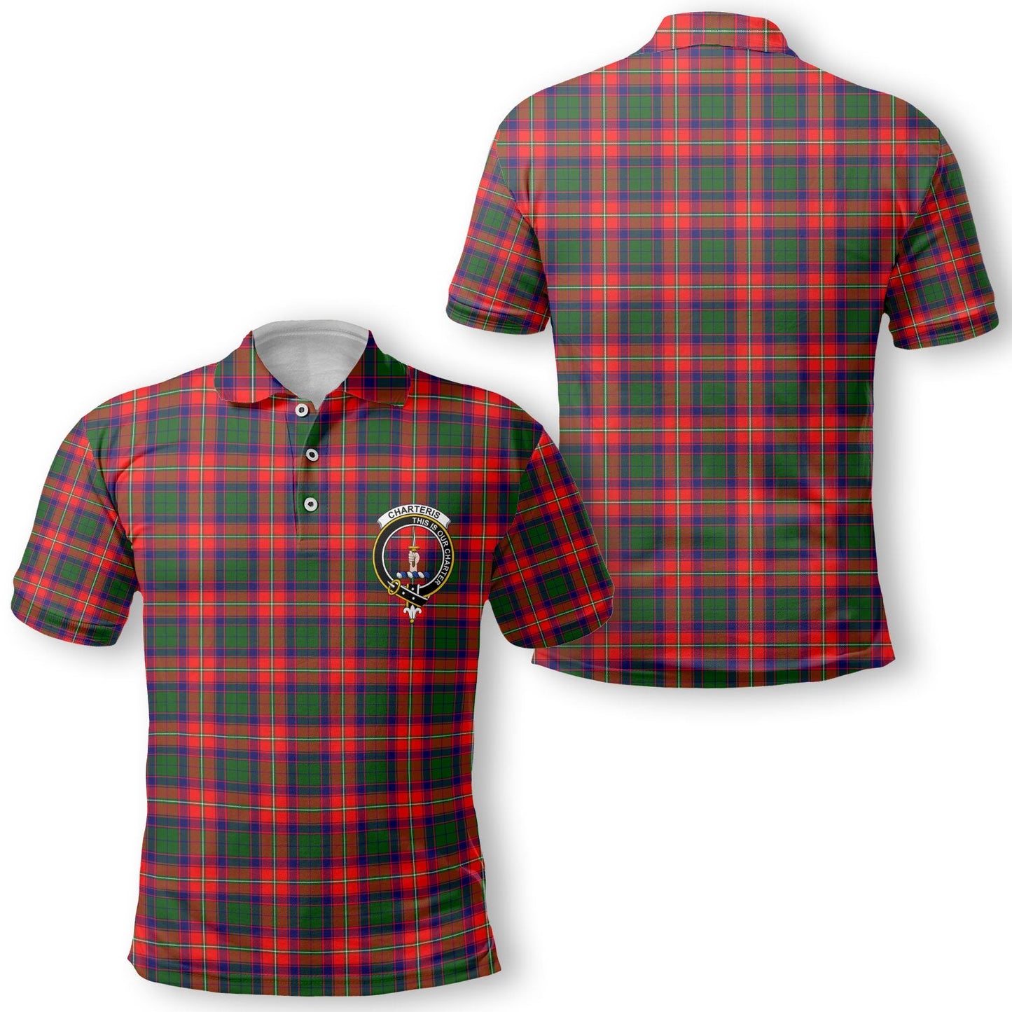 Clan Charteris Tartan Golf Men Polo Shirt Crest And Plaid Basic Style