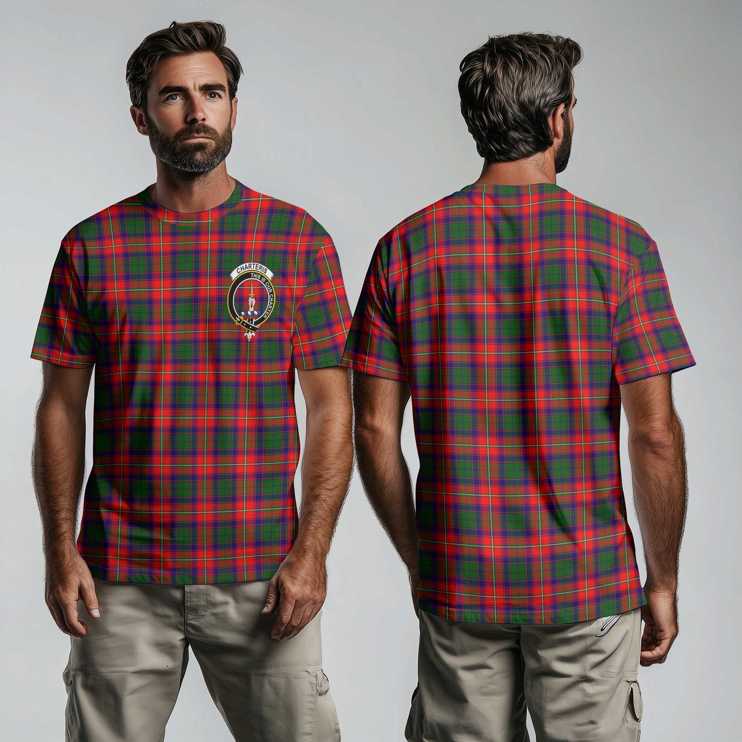 Clan Charteris Tartan Men T Shirt Crest And Plaid Basic Style