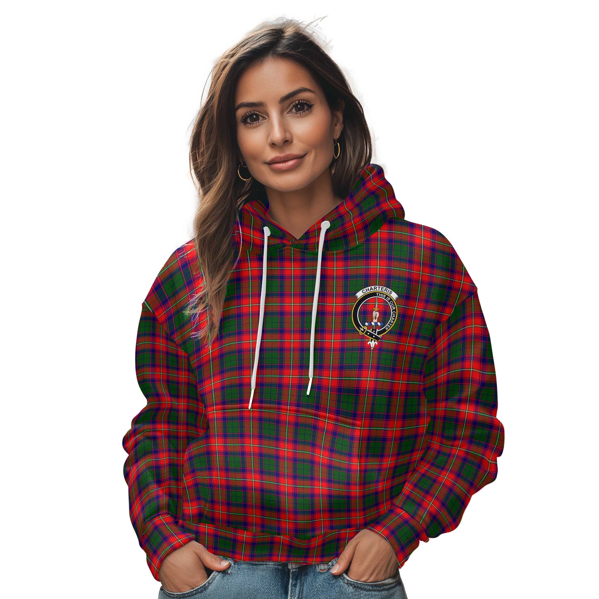 Clan Charteris Tartan Women Hoodie Crest And Plaid Basic Style