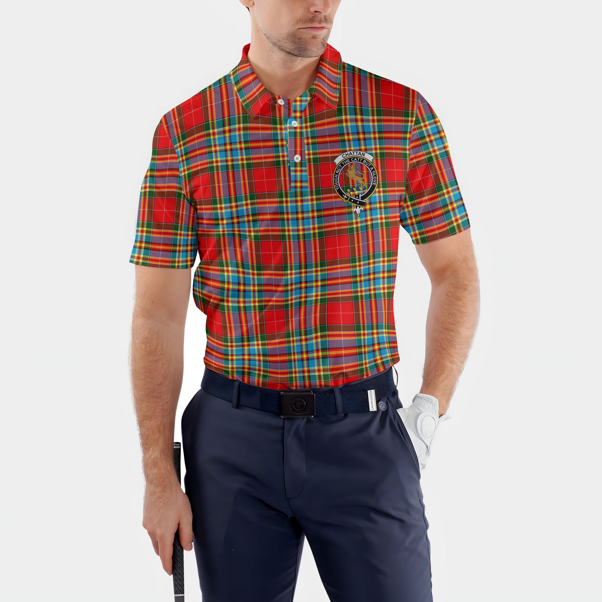 Clan Chattan Tartan Golf Men Polo Shirt Crest And Plaid Basic Style