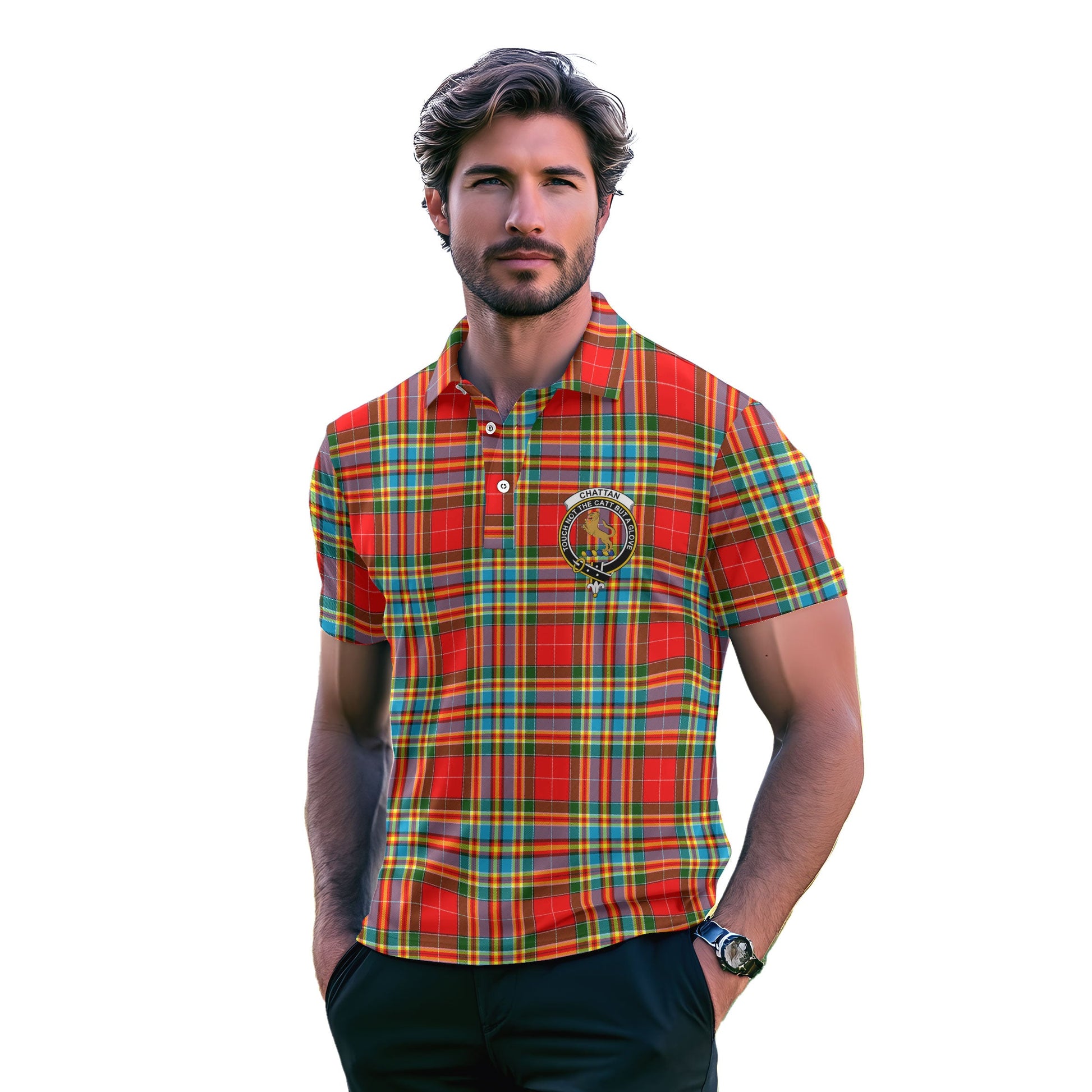 Clan Chattan Tartan Golf Men Polo Shirt Crest And Plaid Basic Style