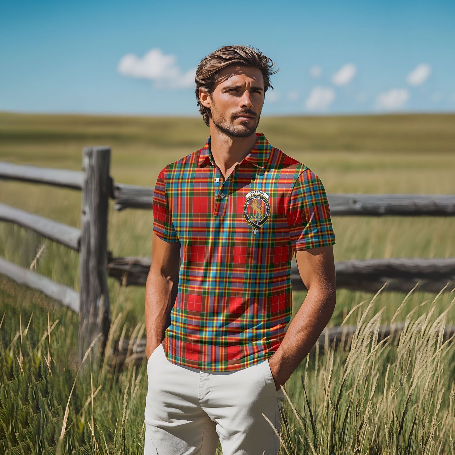 Clan Chattan Tartan Golf Men Polo Shirt Crest And Plaid Basic Style