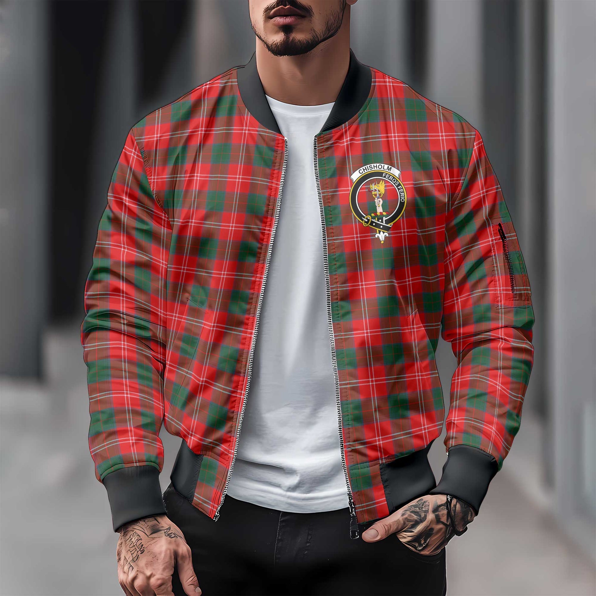 Clan Chisholm Tartan Men Bomber Jacket Crest And Plaid Basic Style