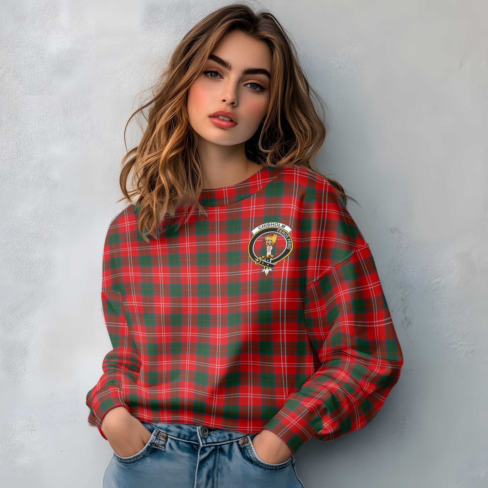 Clan Chisholm Tartan Women Sweatshirt Crest And Plaid Basic Style