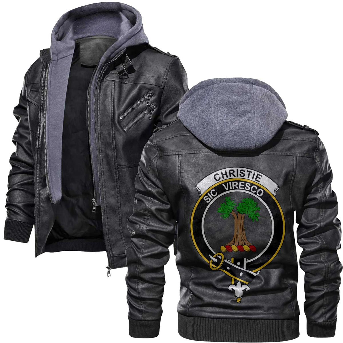 Clan Christie Tartan Zip Leather Jacket Crest And Plaid Basic Style