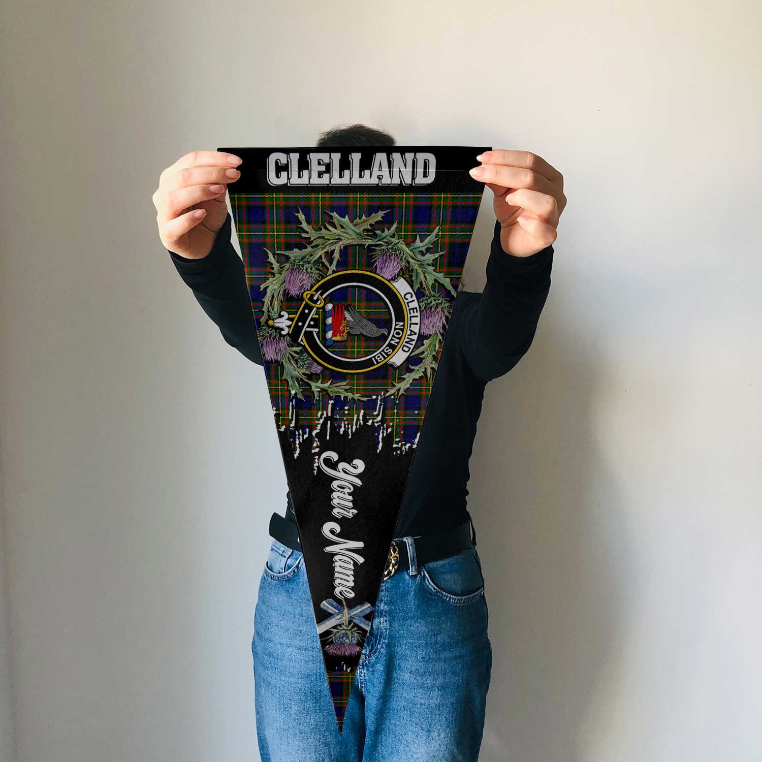 Clan Clelland Tartan Felt Pennant Crest And Plaid Basic Style