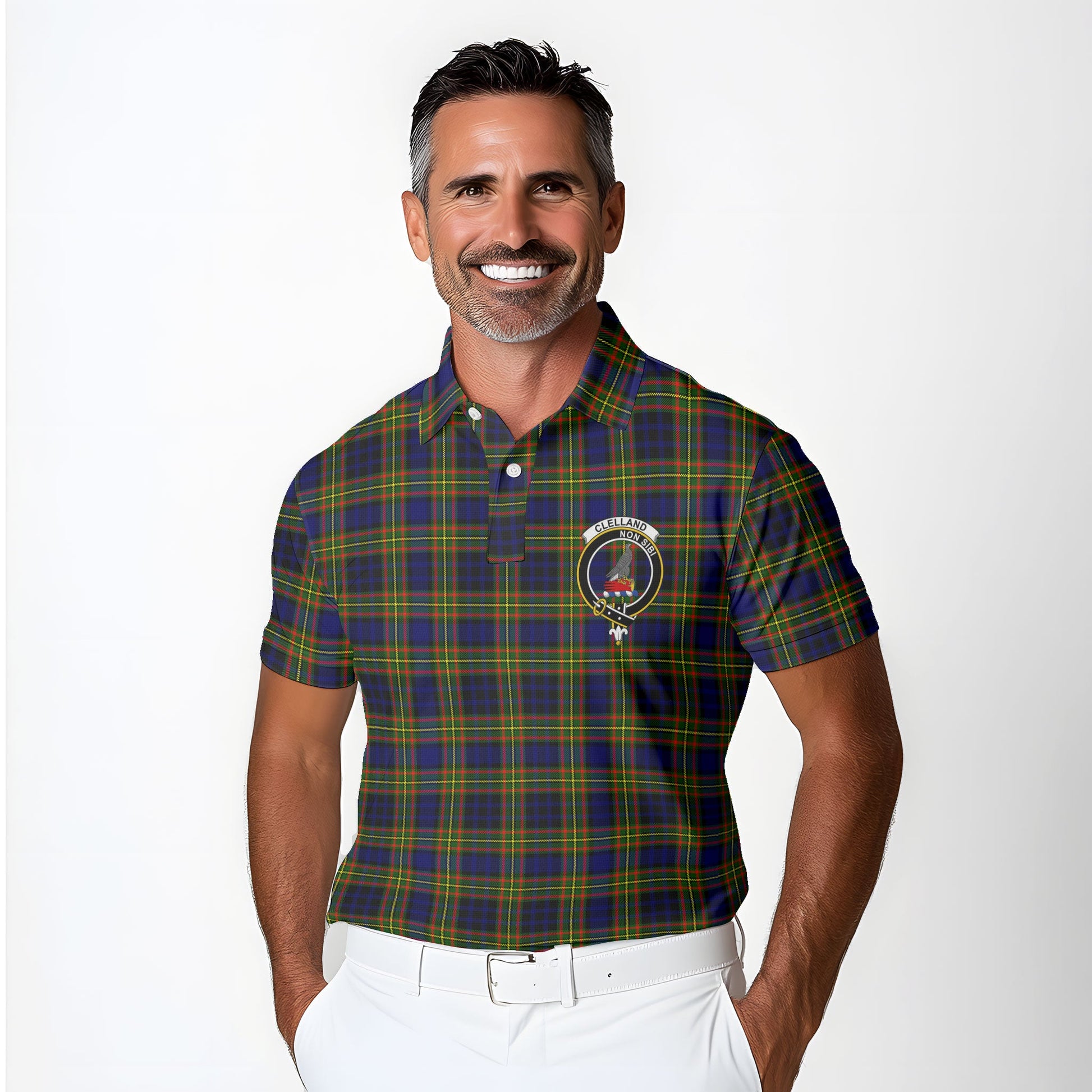 Clan Clelland Tartan Golf Men Polo Shirt Crest And Plaid Basic Style