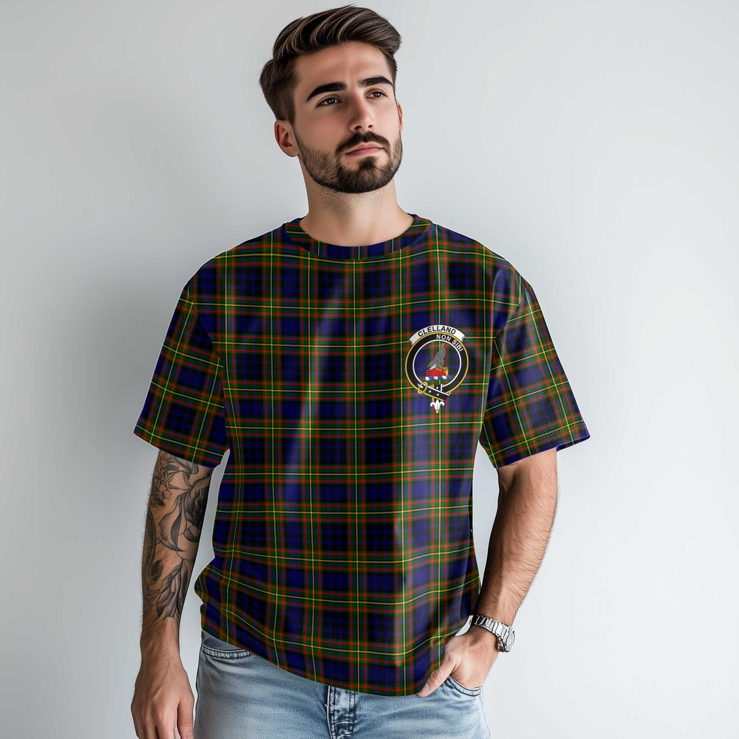 Clan Clelland Tartan Men T Shirt Crest And Plaid Basic Style