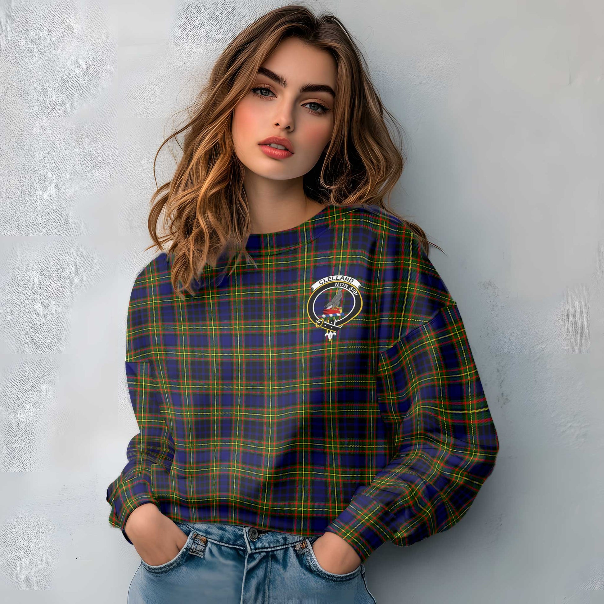 Clan Clelland Tartan Women Sweatshirt Crest And Plaid Basic Style