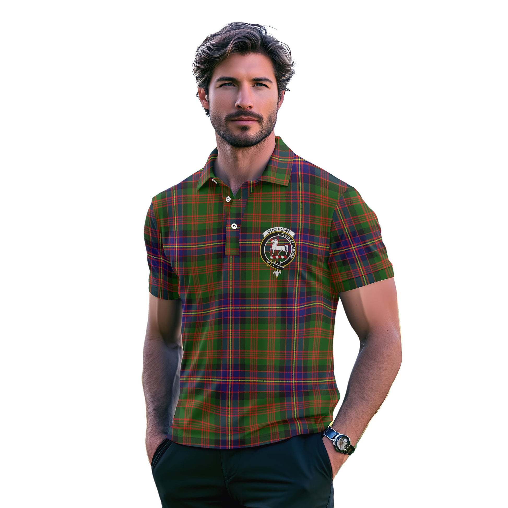 Clan Cochrane Tartan Golf Men Polo Shirt Crest And Plaid Basic Style