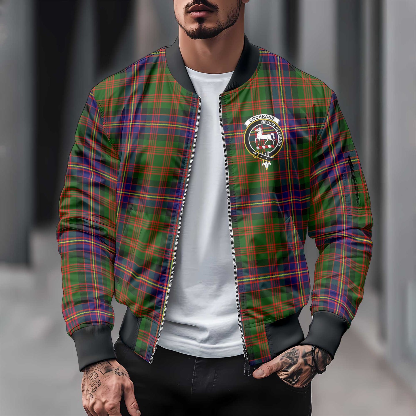 Clan Cochrane Tartan Men Bomber Jacket Crest And Plaid Basic Style