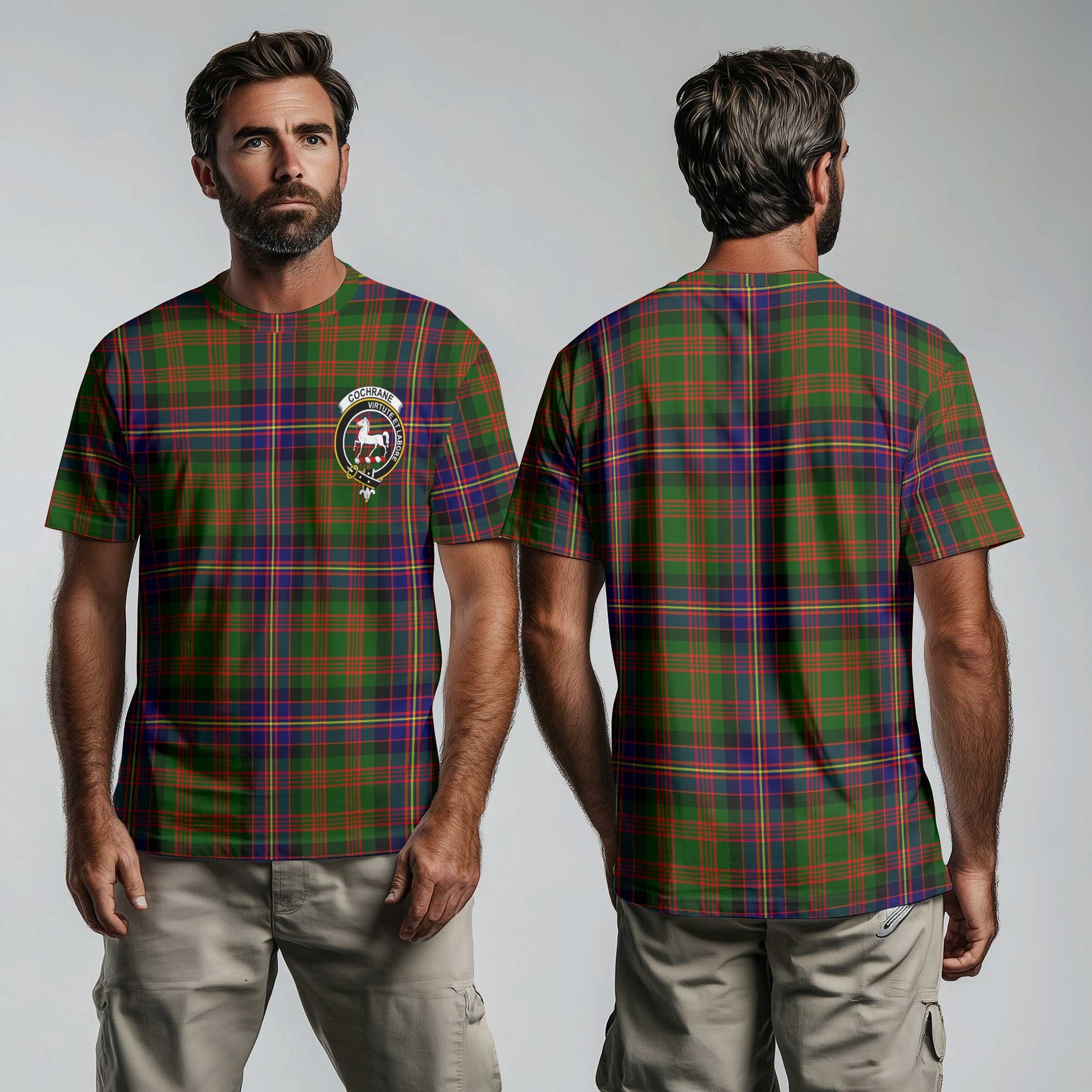 Clan Cochrane Tartan Men T Shirt Crest And Plaid Basic Style