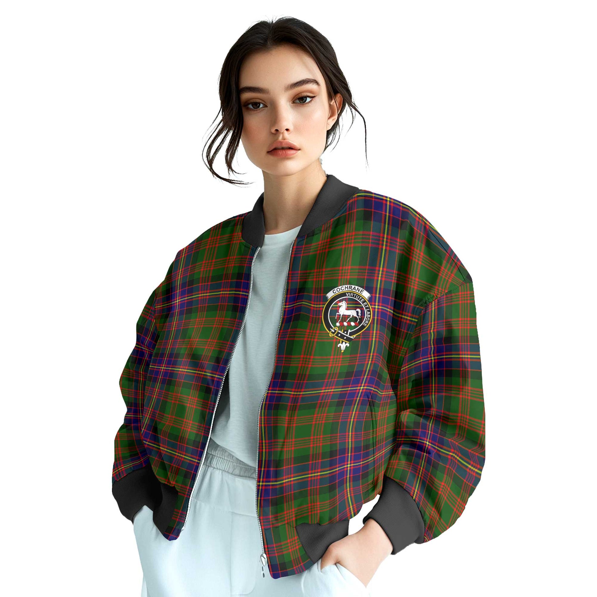 Clan Cochrane Tartan Women Bomber Jacket Crest And Plaid Basic Style