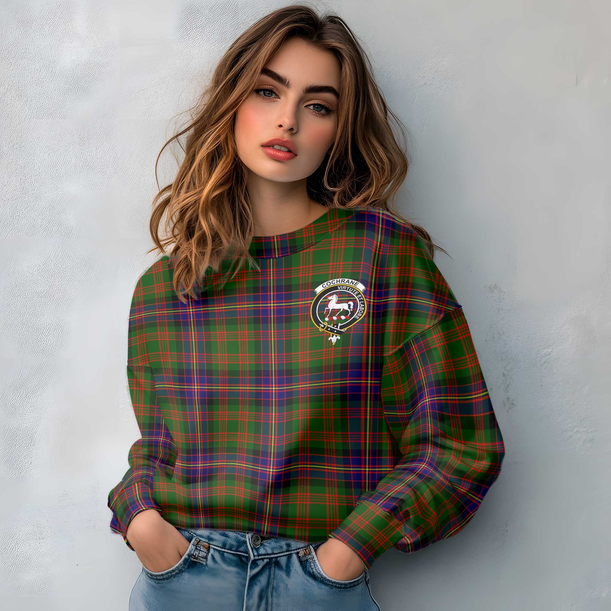 Clan Cochrane Tartan Women Sweatshirt Crest And Plaid Basic Style