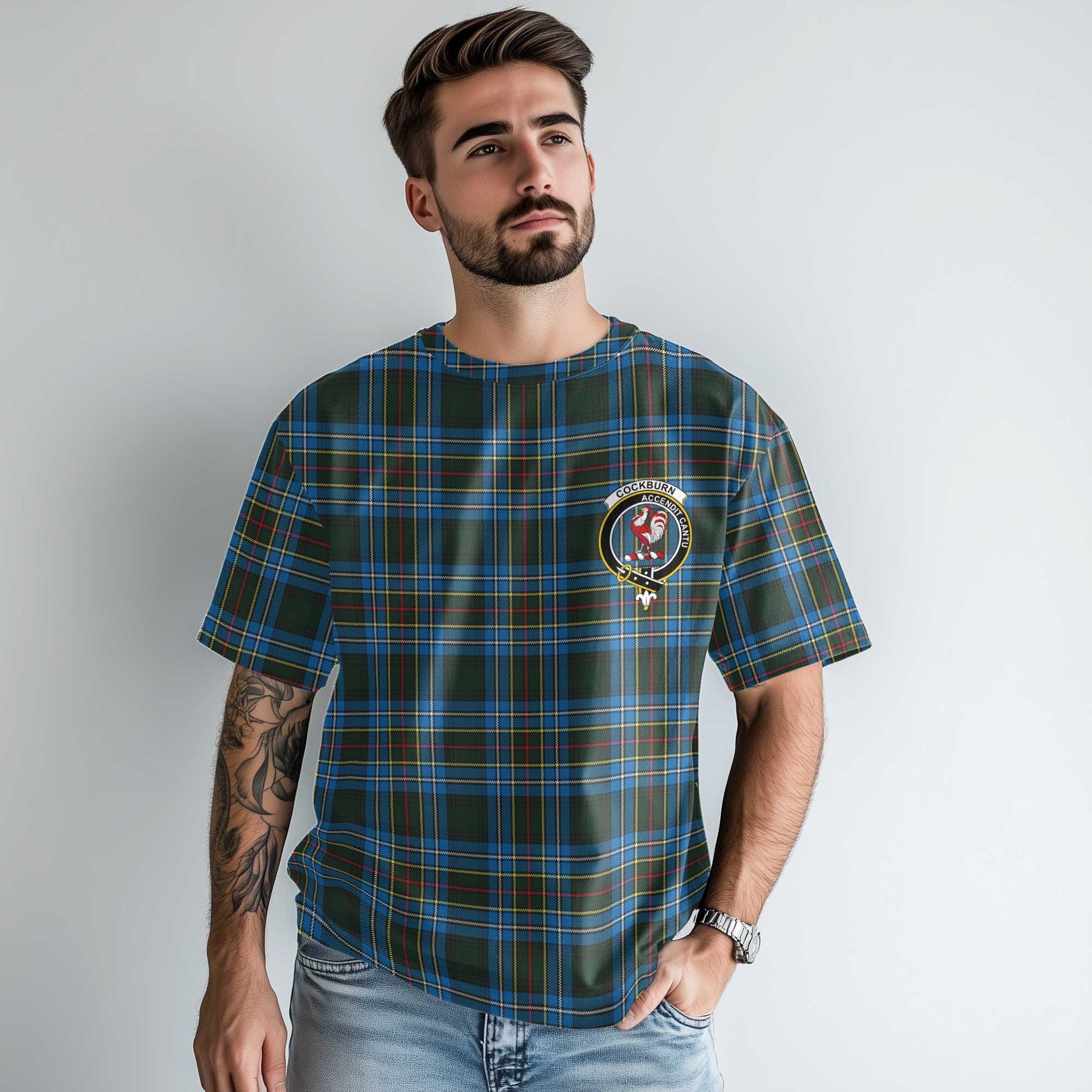 Clan Cockburn Tartan Men T Shirt Crest And Plaid Basic Style