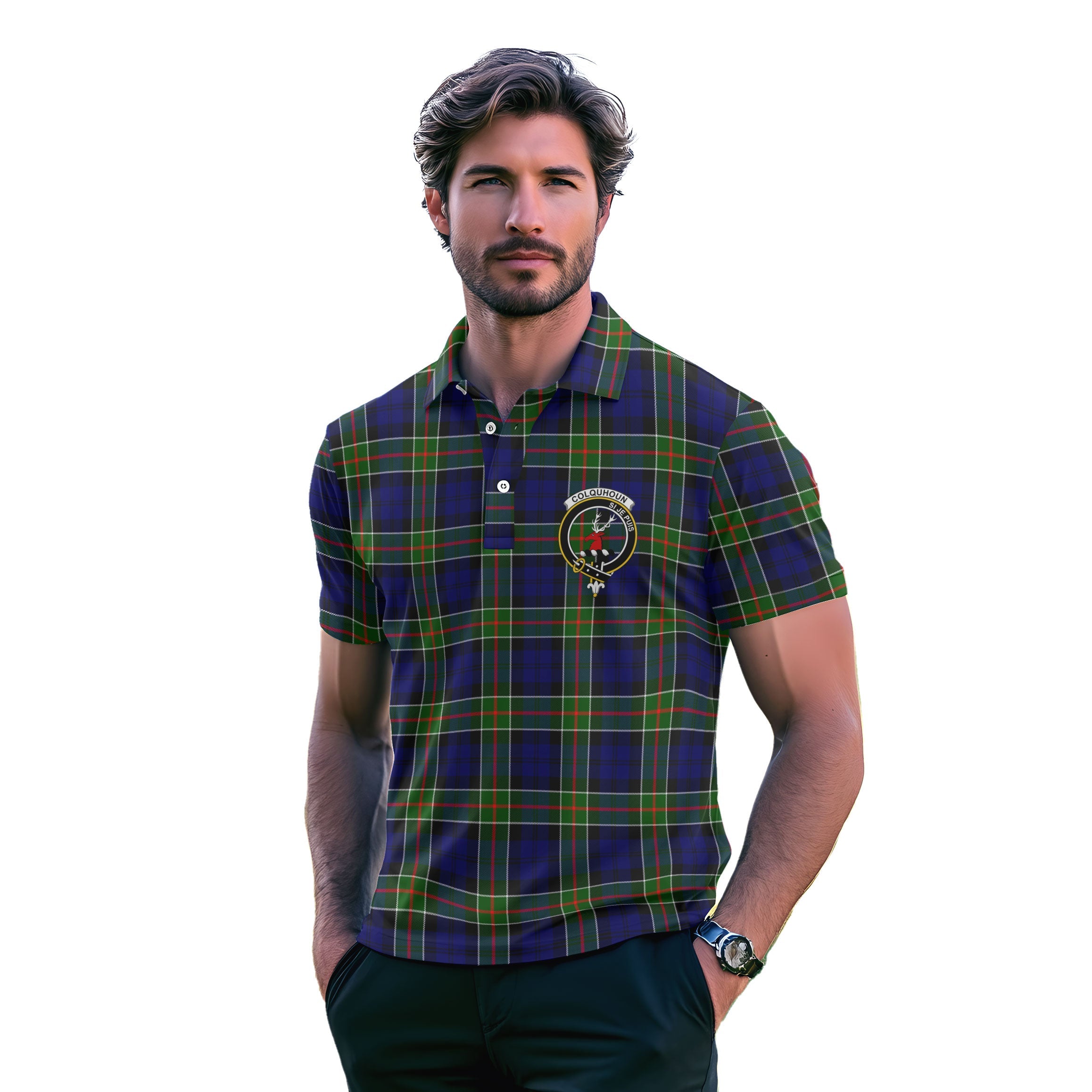 Clan Colquhoun Tartan Golf Men Polo Shirt Crest And Plaid Basic Style