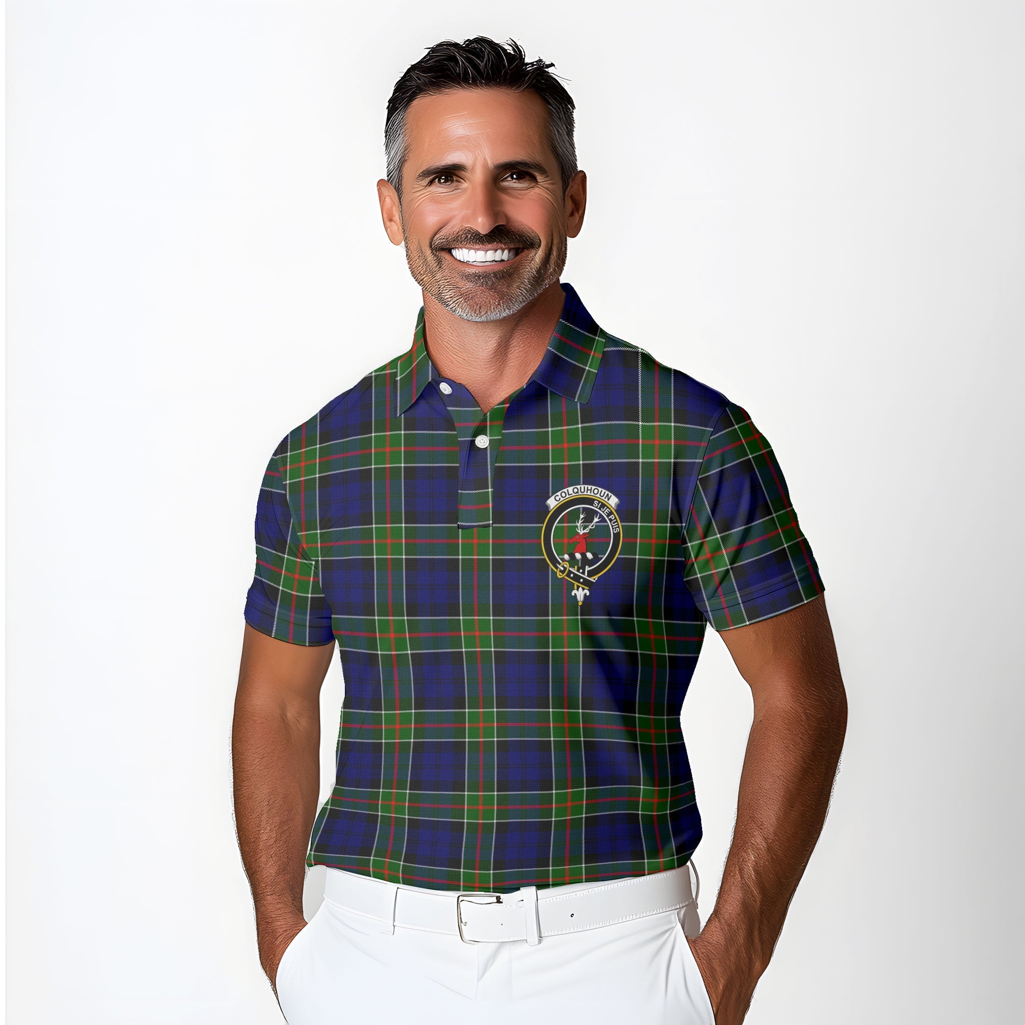 Clan Colquhoun Tartan Golf Men Polo Shirt Crest And Plaid Basic Style