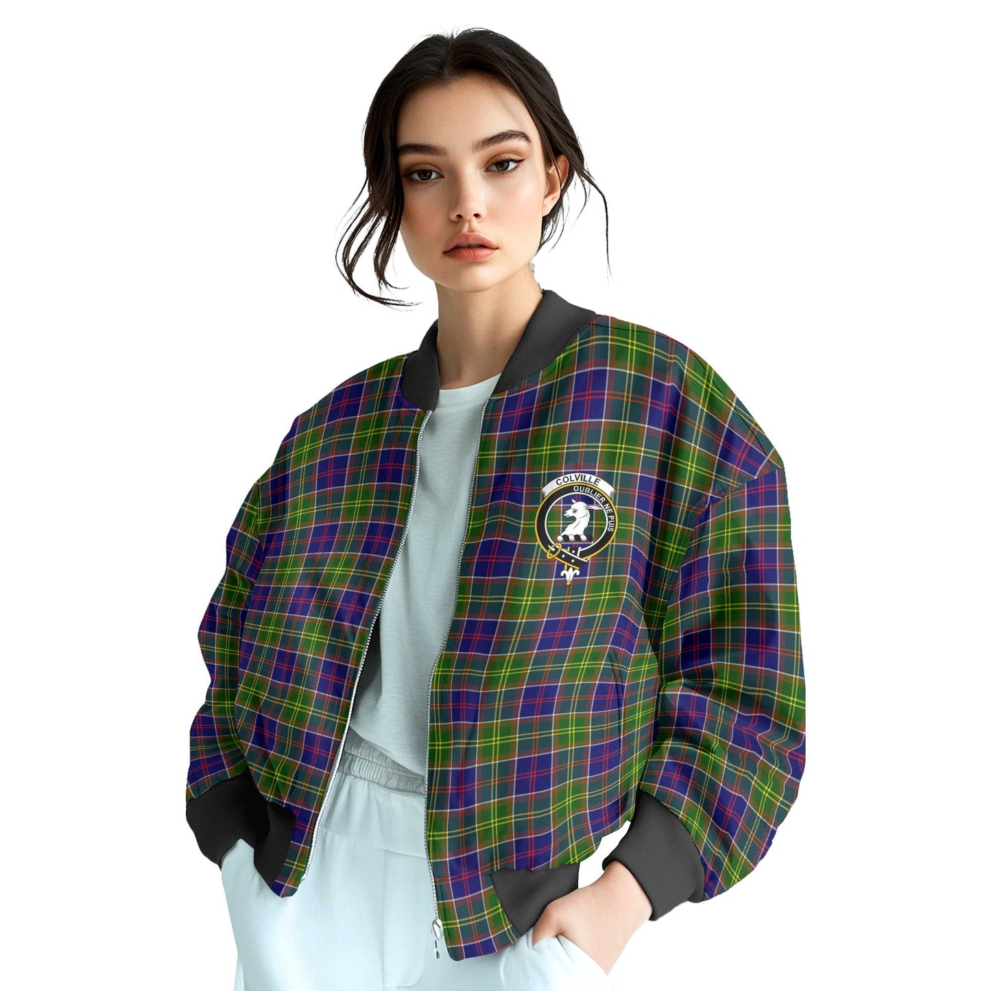 Clan Colville Tartan Women Bomber Jacket Crest And Plaid Basic Style