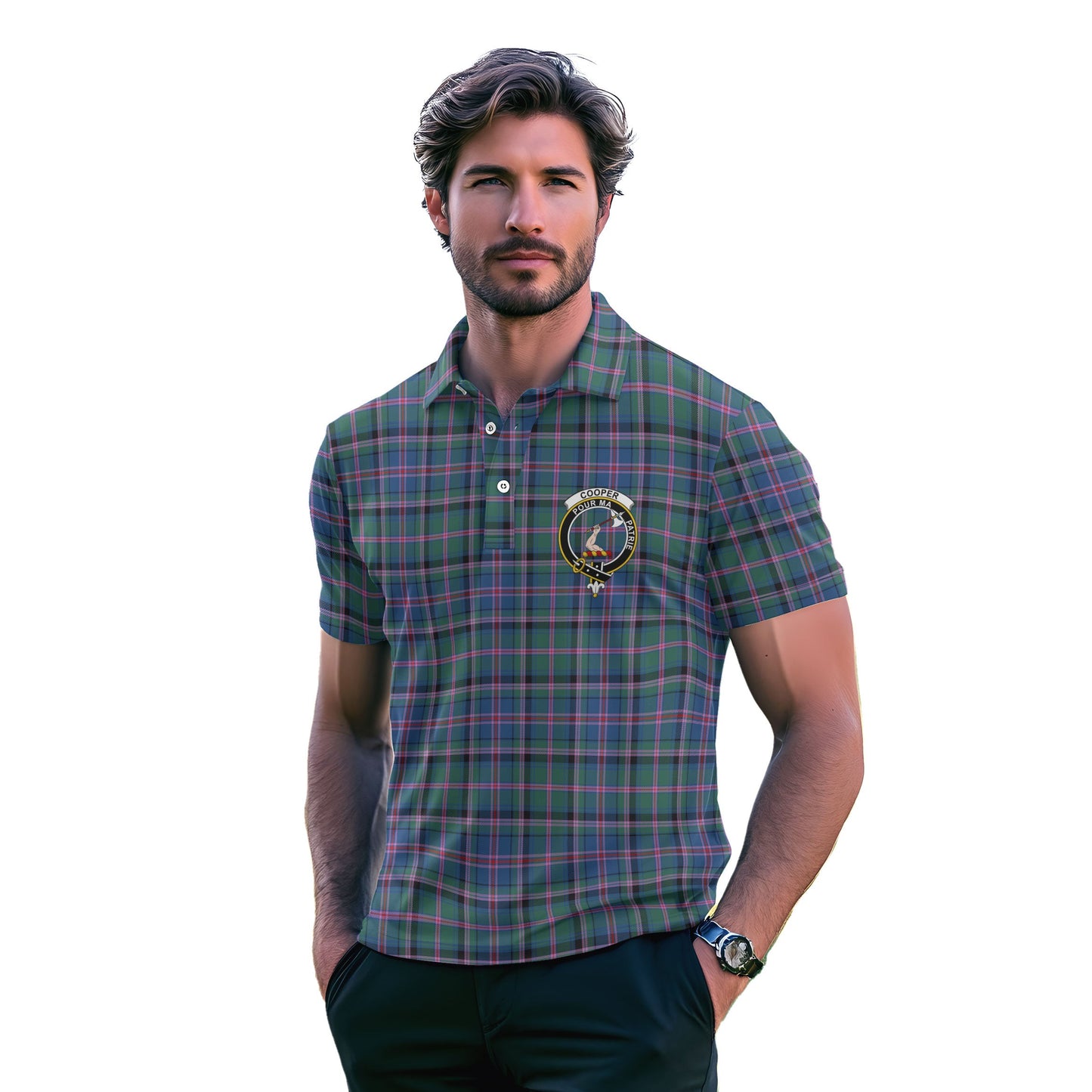 Clan Cooper Tartan Golf Men Polo Shirt Crest And Plaid Basic Style