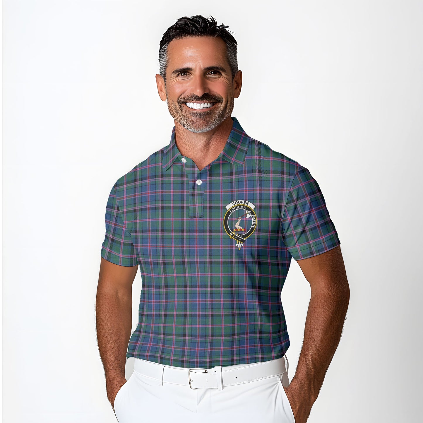 Clan Cooper Tartan Golf Men Polo Shirt Crest And Plaid Basic Style