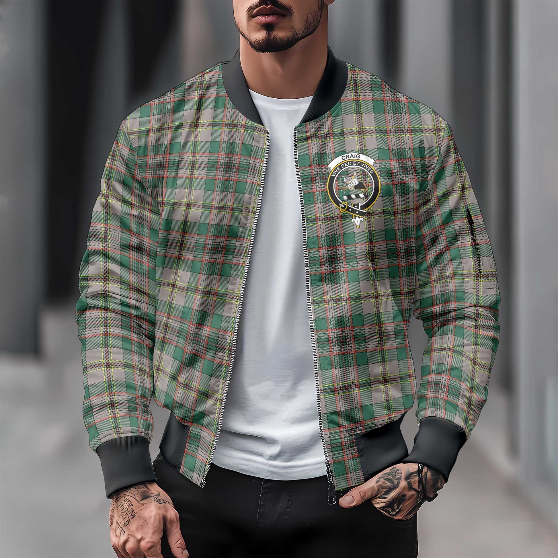 Clan Craig Tartan Men Bomber Jacket Crest And Plaid Basic Style