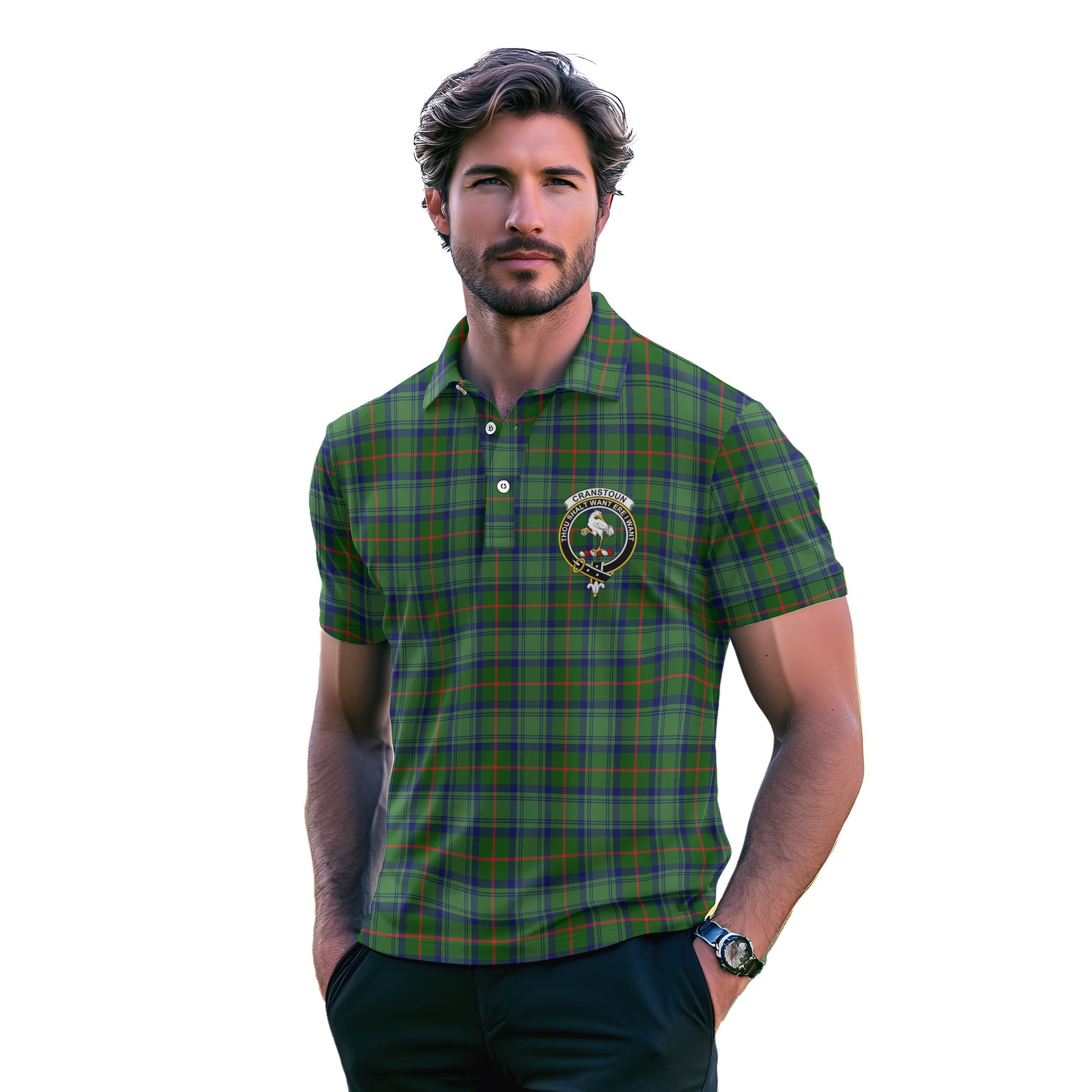 Clan Cranstoun Tartan Golf Men Polo Shirt Crest And Plaid Basic Style