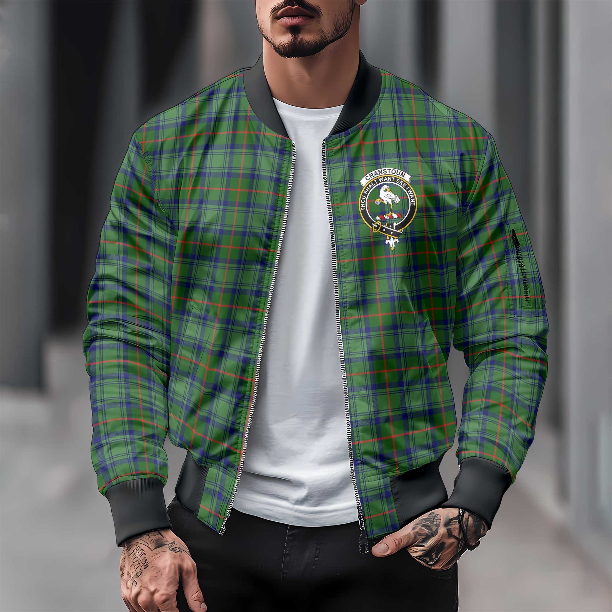 Clan Cranstoun Tartan Men Bomber Jacket Crest And Plaid Basic Style