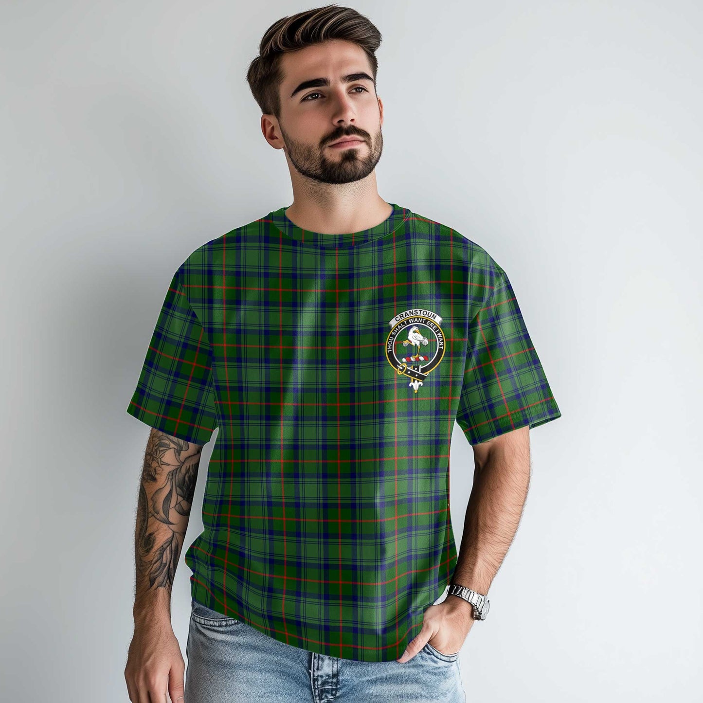 Clan Cranstoun Tartan Men T Shirt Crest And Plaid Basic Style