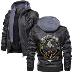 Clan Cranstoun Tartan Zip Leather Jacket Crest And Plaid Basic Style