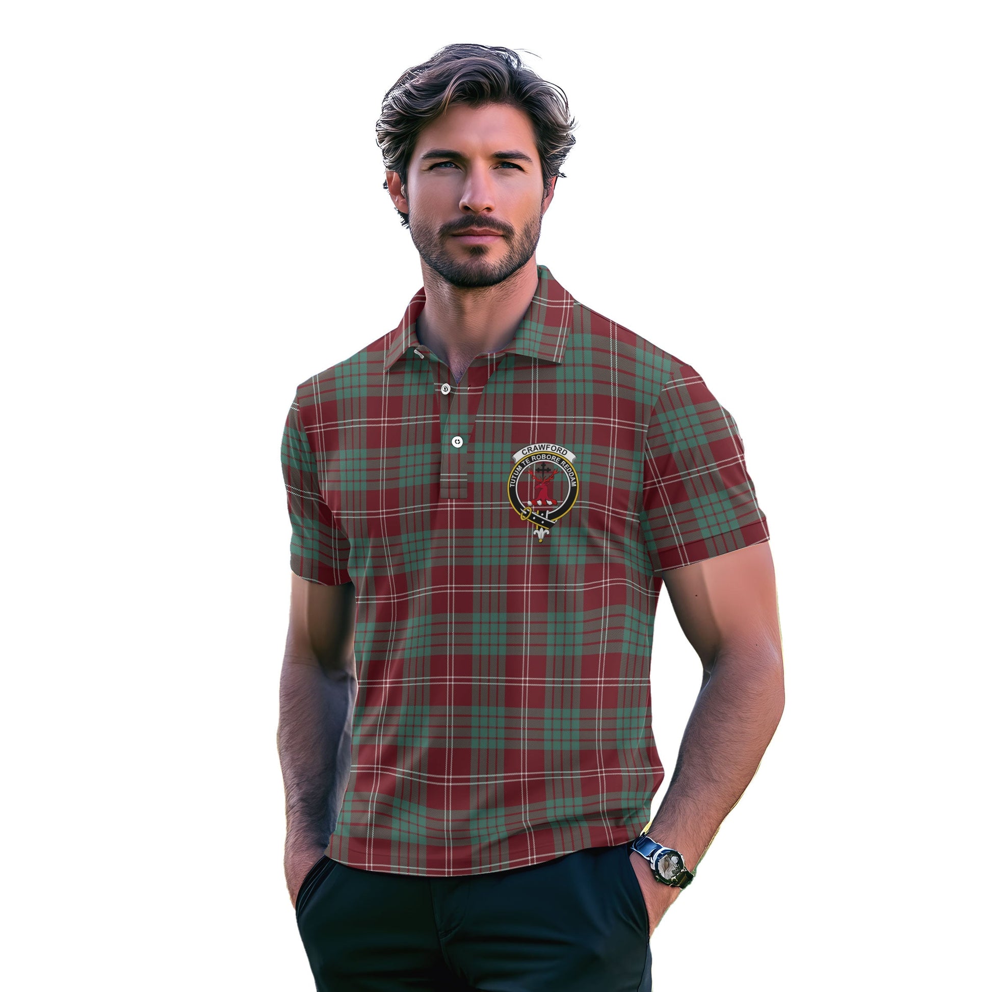 Clan Crawford Tartan Men Polo Shirt Crest And Plaid Basic Style