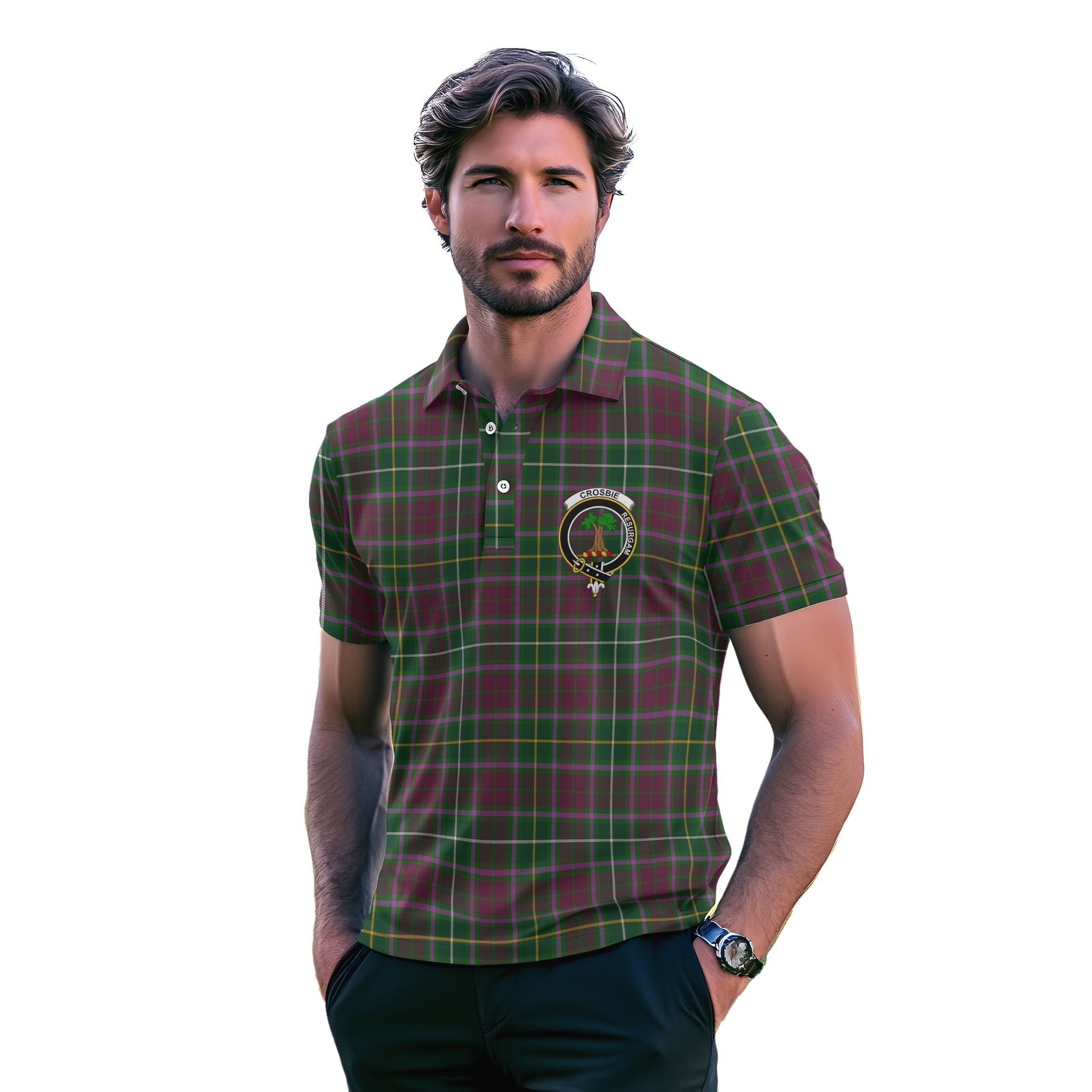 Clan Crosbie Tartan Golf Men Polo Shirt Crest And Plaid Basic Style