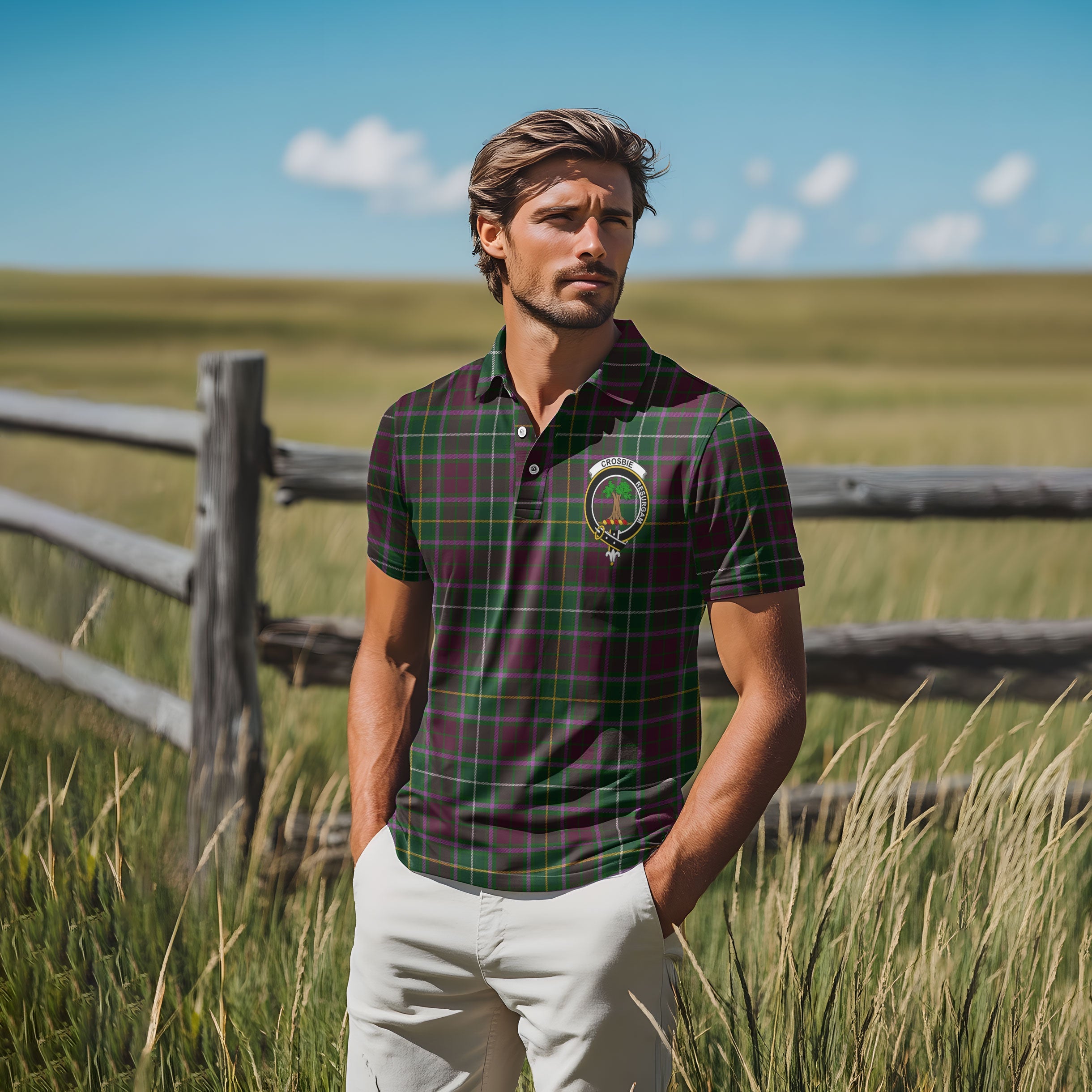 Clan Crosbie Tartan Golf Men Polo Shirt Crest And Plaid Basic Style