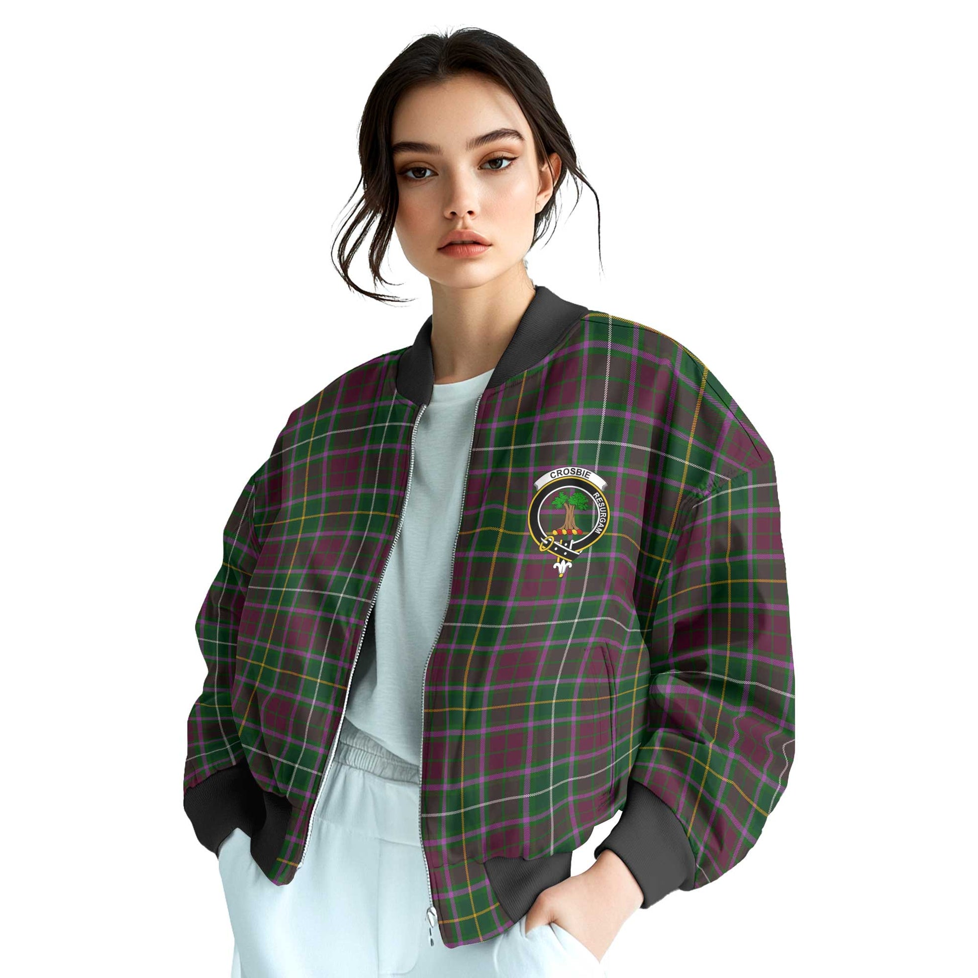 Clan Crosbie Tartan Women Bomber Jacket Crest And Plaid Basic Style