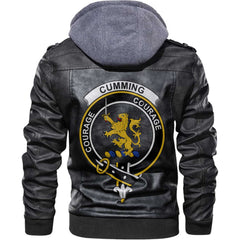 Clan Cumming Tartan Zip Leather Jacket Crest And Plaid Basic Style