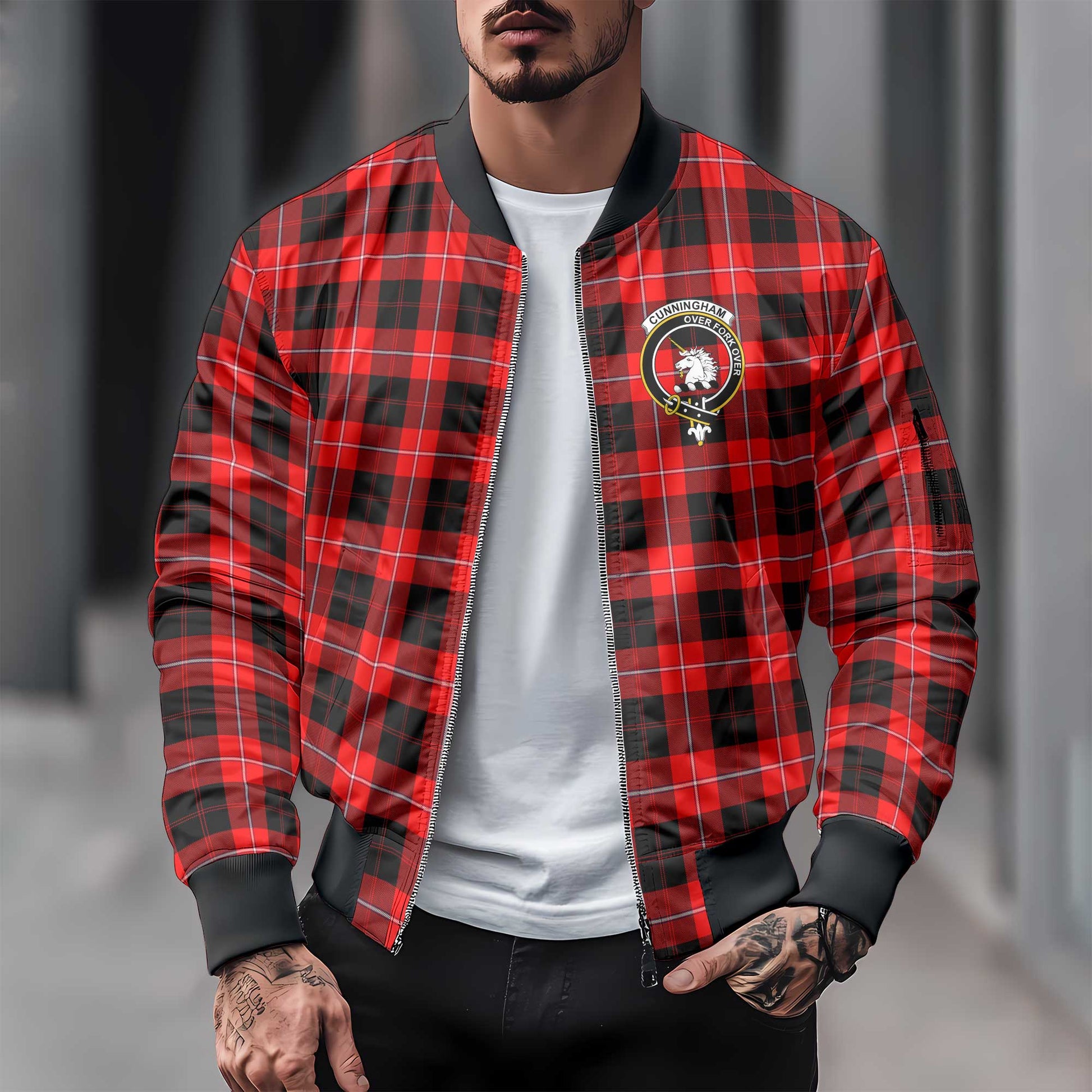 Clan Cunningham Tartan Men Bomber Jacket Crest And Plaid Basic Style