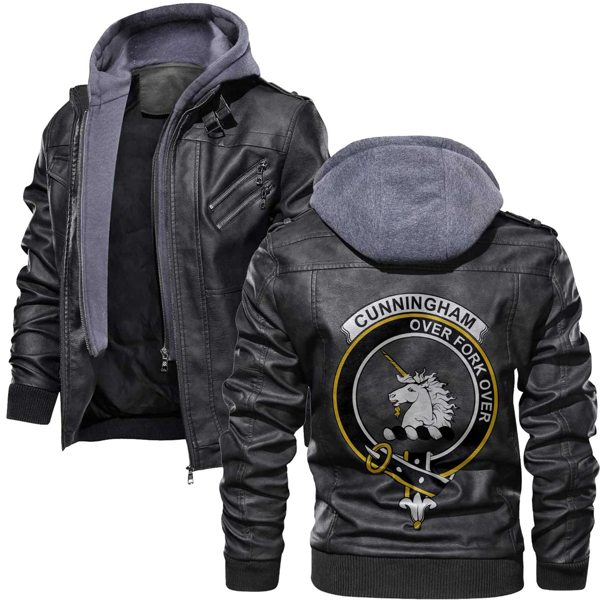 Clan Cunningham Tartan Zip Leather Jacket Crest And Plaid Basic Style