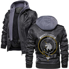 Clan Cunningham Tartan Zip Leather Jacket Crest And Plaid Basic Style
