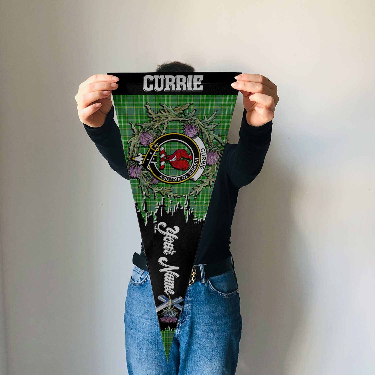 Clan Currie Tartan Felt Pennant Crest And Plaid Basic Style