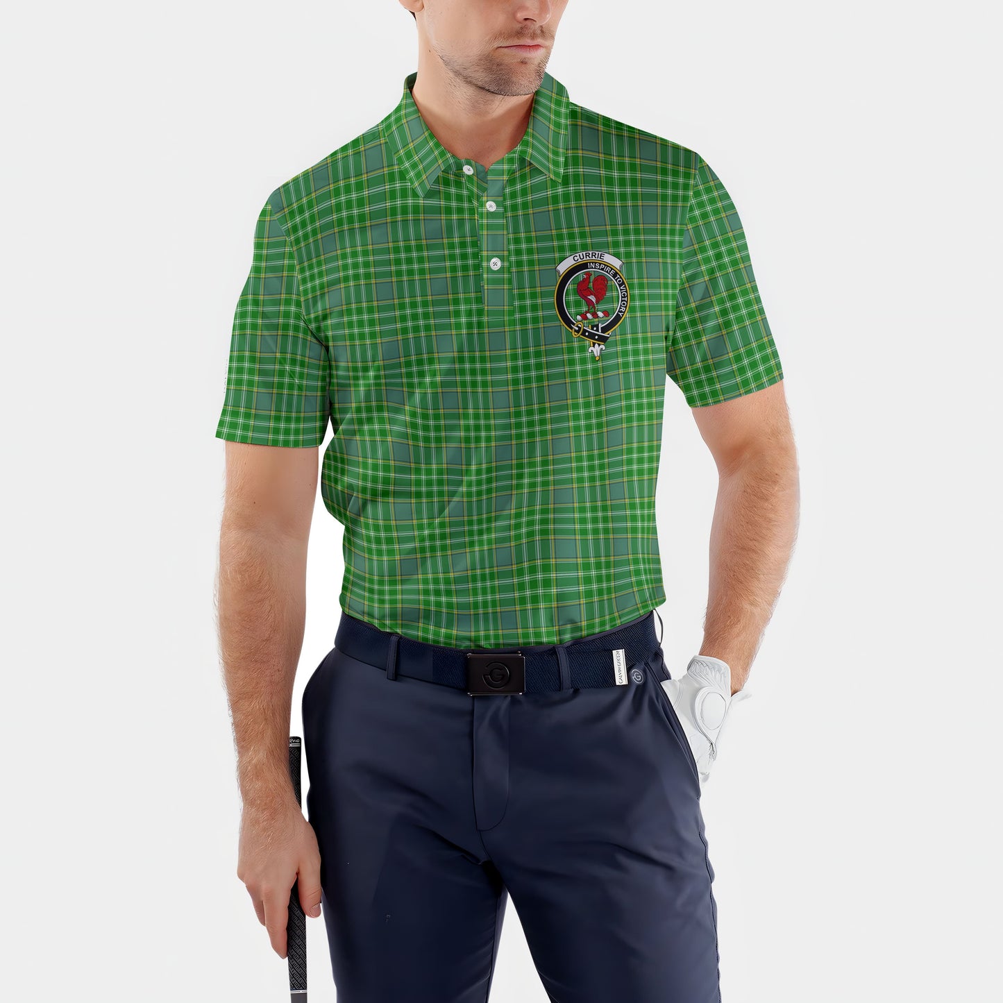 Clan Currie Tartan Golf Men Polo Shirt Crest And Plaid Basic Style