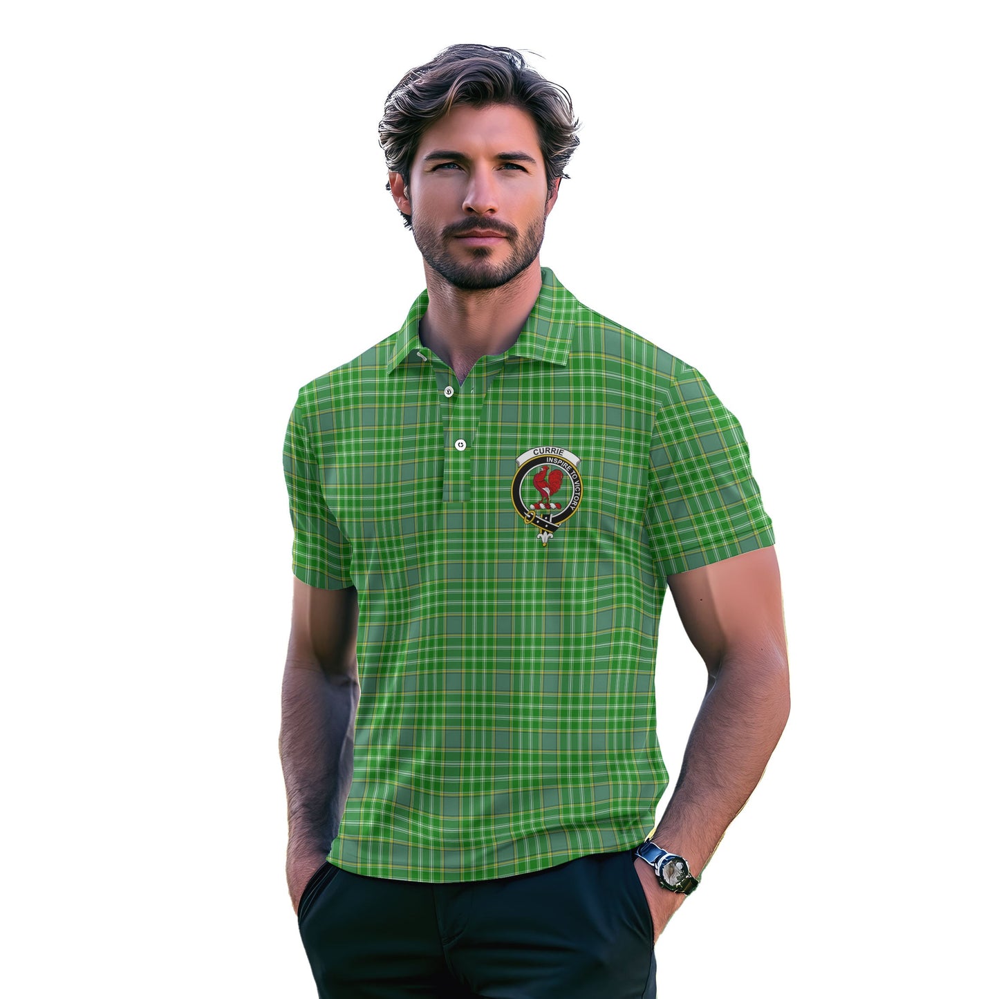 Clan Currie Tartan Golf Men Polo Shirt Crest And Plaid Basic Style