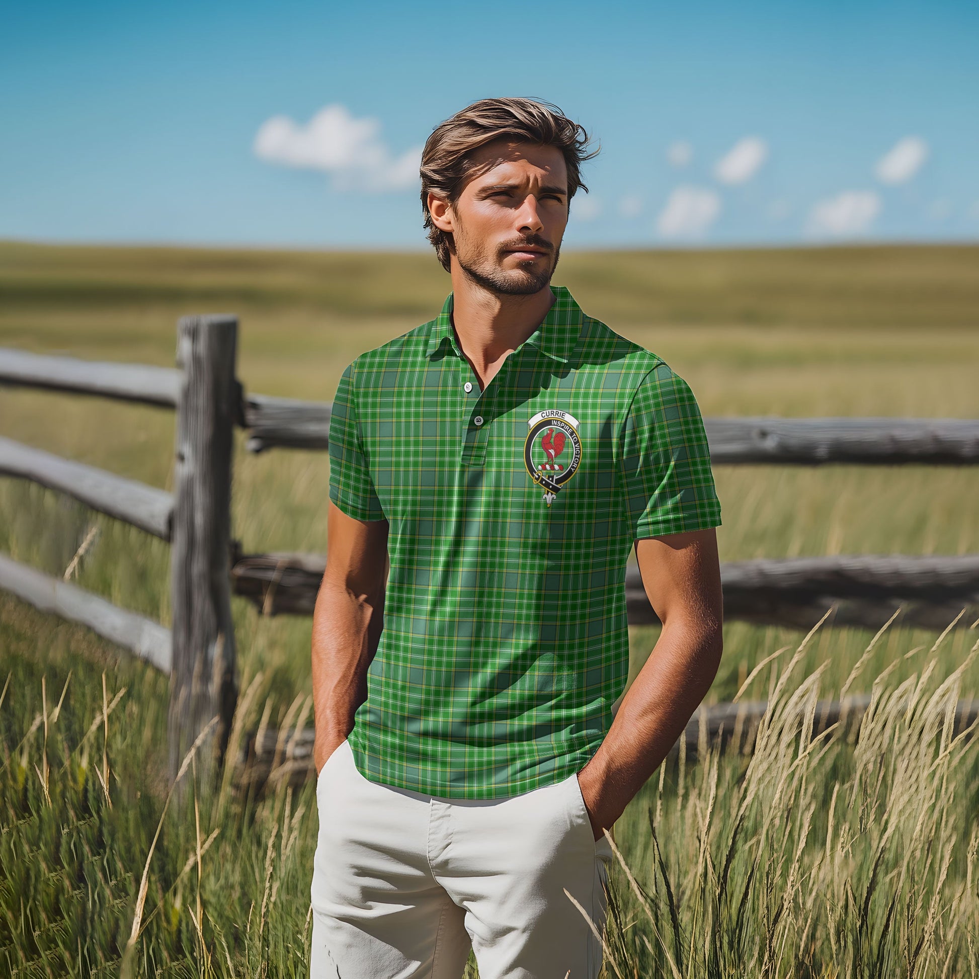 Clan Currie Tartan Golf Men Polo Shirt Crest And Plaid Basic Style