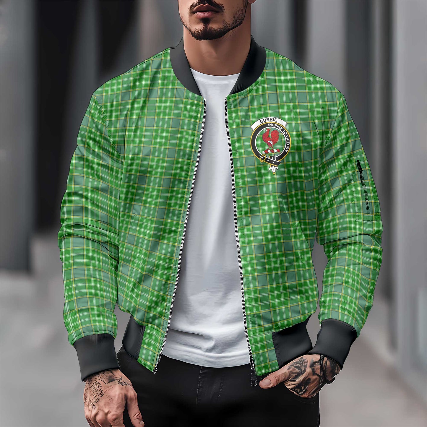 Clan Currie Tartan Men Bomber Jacket Crest And Plaid Basic Style