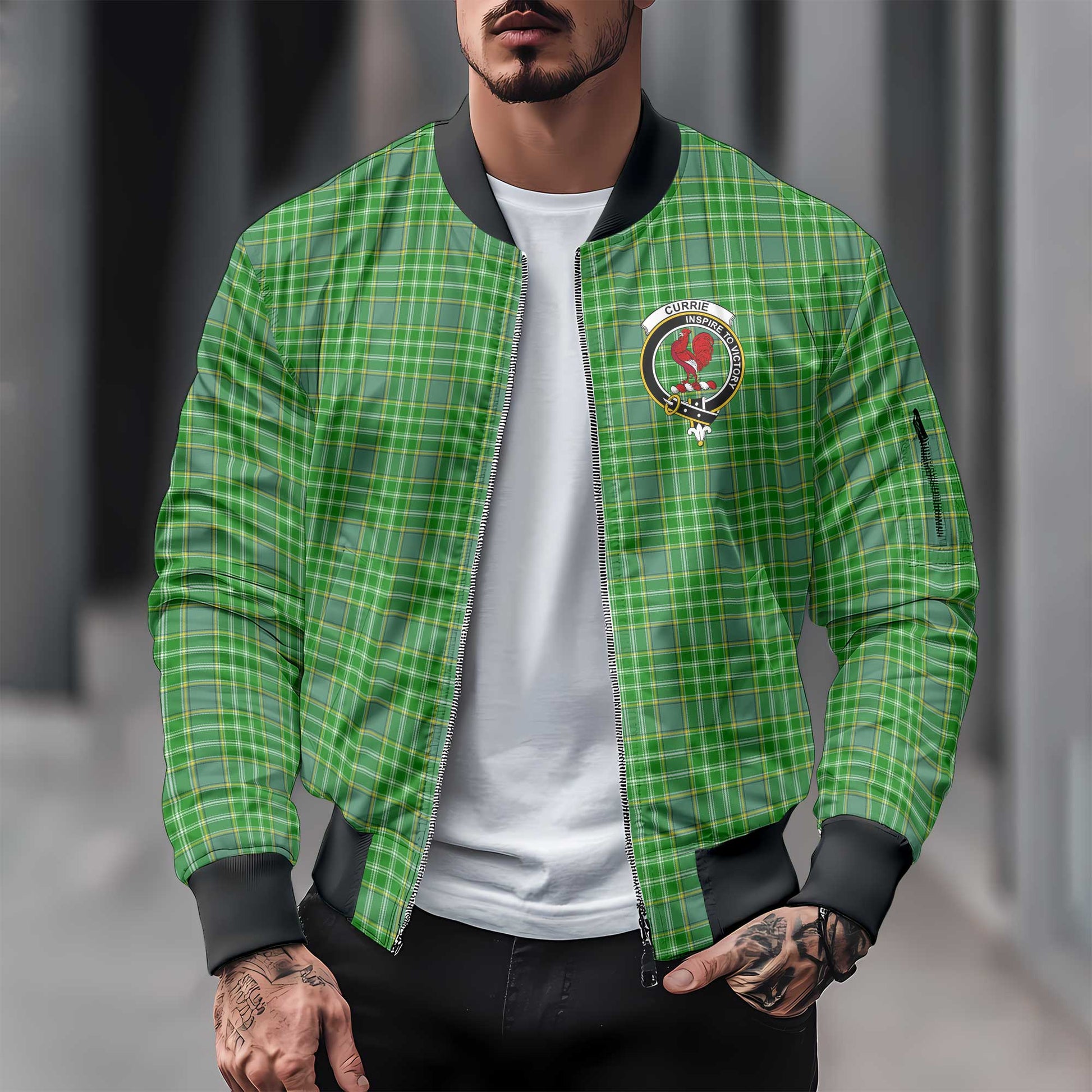 Clan Currie Tartan Men Bomber Jacket Crest And Plaid Basic Style