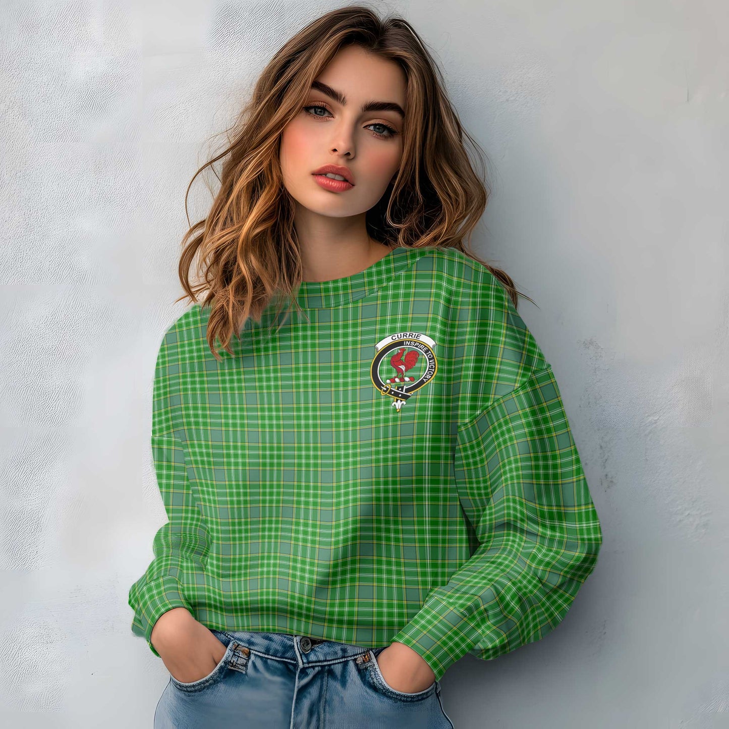 Clan Currie Tartan Women Sweatshirt Crest And Plaid Basic Style