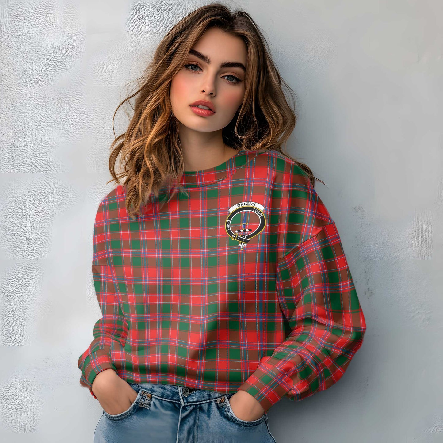 Clan Dalziel Tartan Women Sweatshirt Crest And Plaid Basic Style