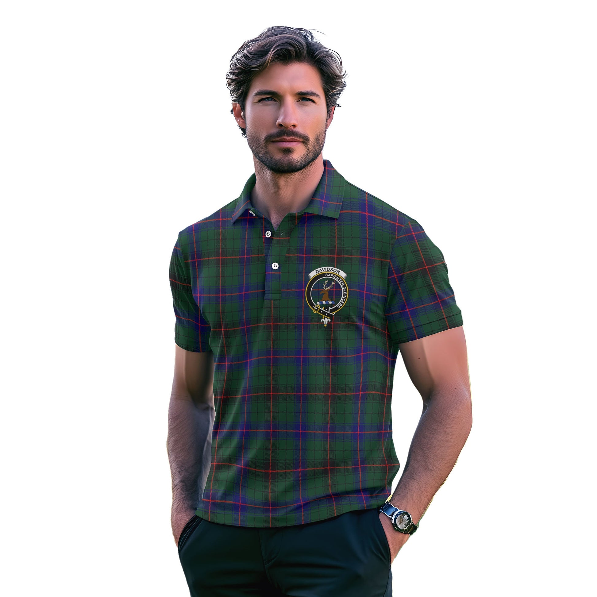 Clan Davidson Tartan Men Polo Shirt Crest And Plaid Basic Style